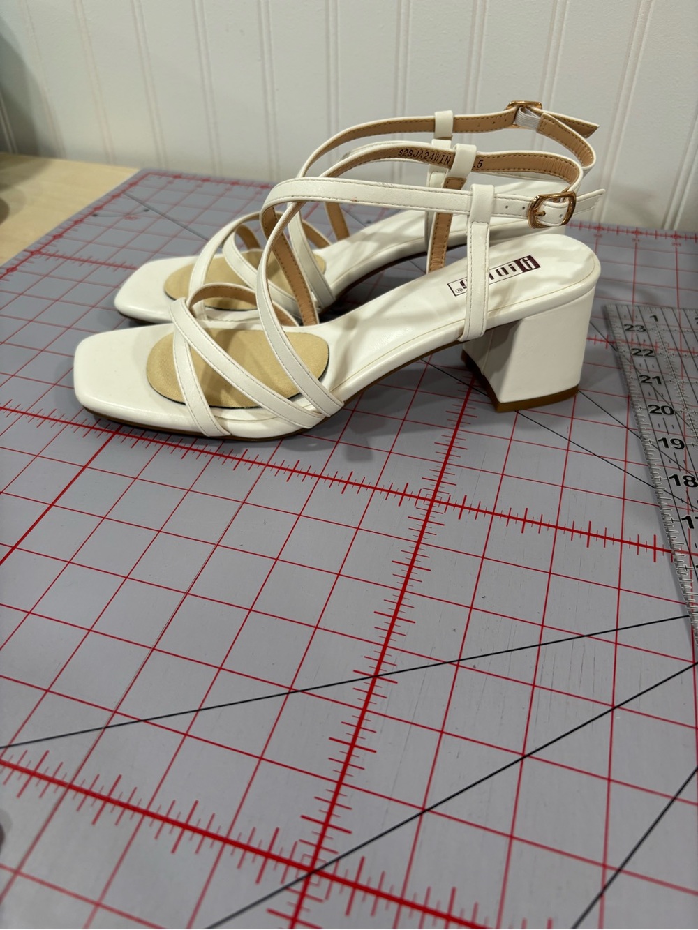 Strappy White Block Heel Sandals with Ankle Buckle
